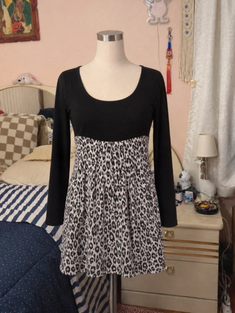 Mind Code Black Bodice White & Black Leopard-Print Long Sleeve Dress